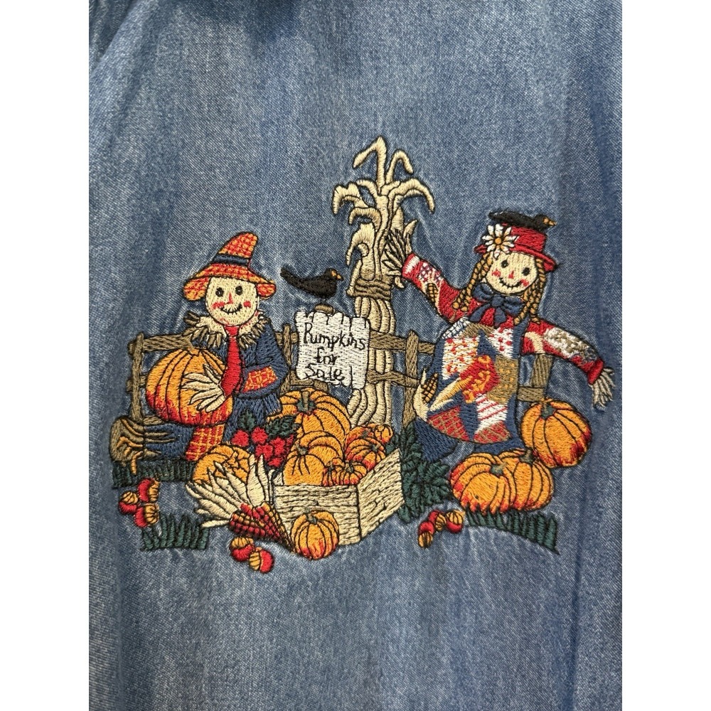 Bobbie Brooks Embroidered Fall Pumpkin Scarecrow Denim Button Shirt Women's XL - Picture 4 of 8